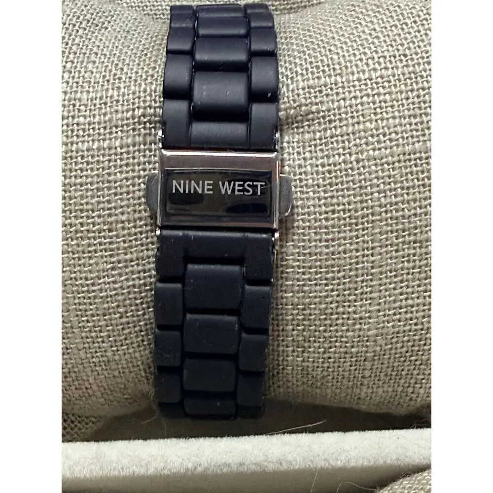 Nine West Black Rubber Bracelet Watch Gold Tone New Battery